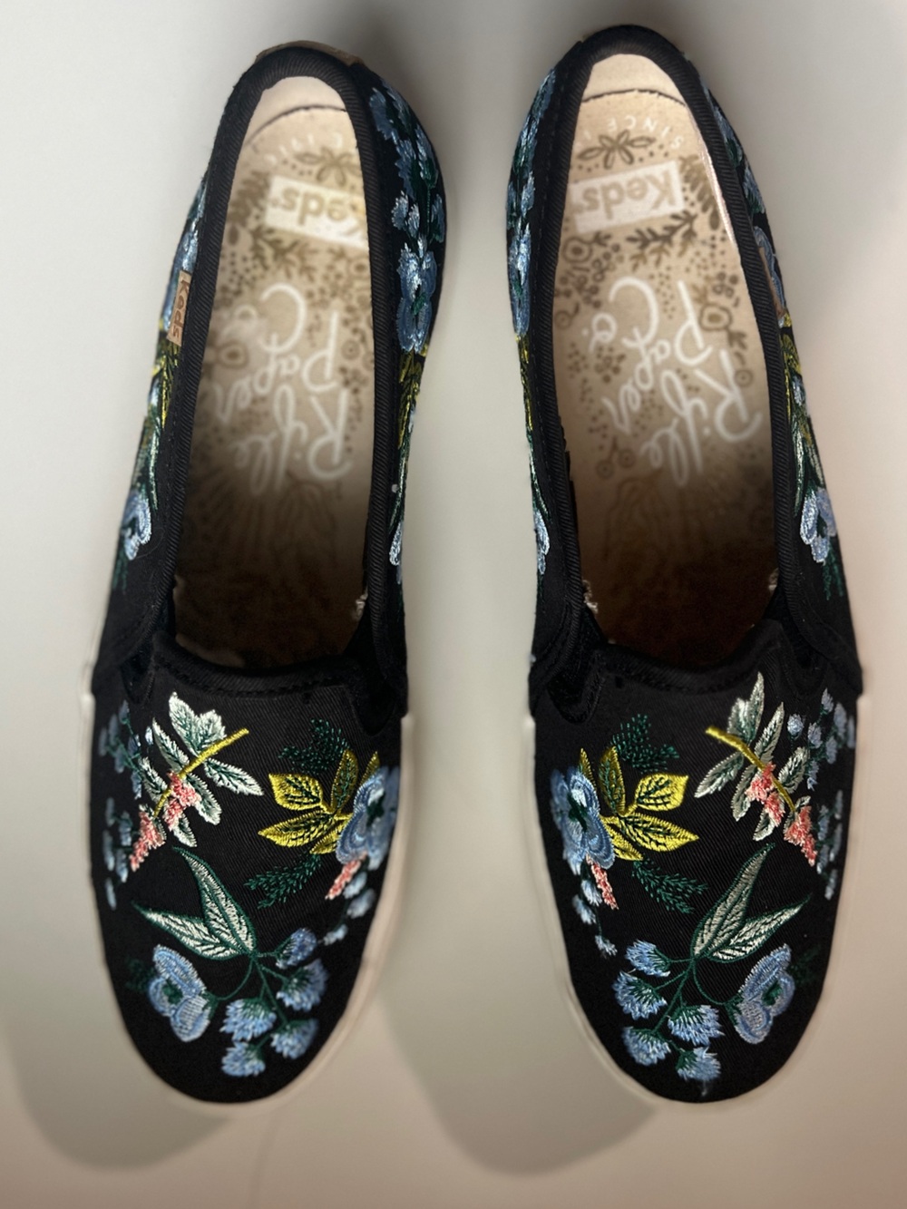 Keds Black Canvas Slip-On Mules with Blue & Green Floral Embroidery